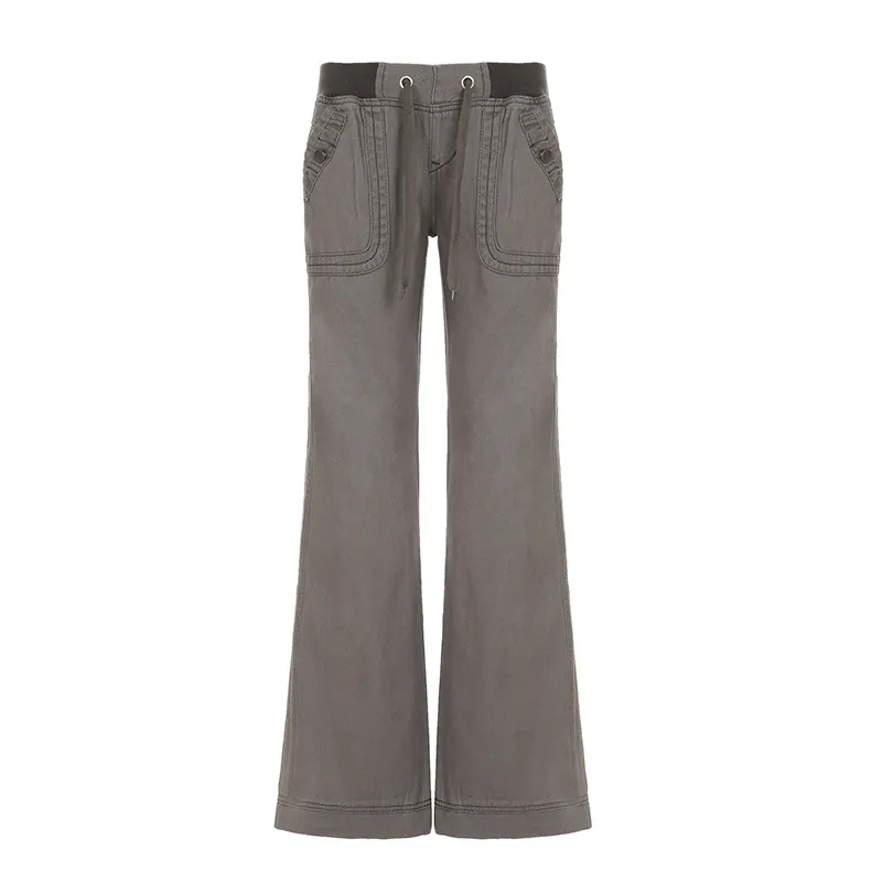 Pocket Contrast Color Thread Waist Head Made Old Low Waist Straight Jeans - Gray