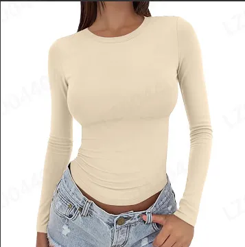 Women's Slim fit Solid Color Round Neck Long Sleeve AutumnWinter Apricot - Shop at LoveMi