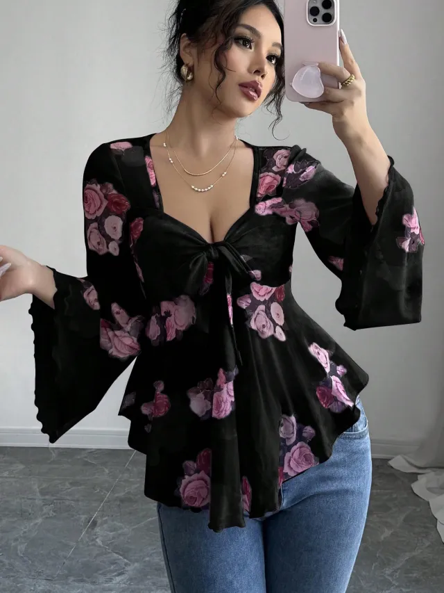European And American Design Sense French Sweet Flower Blooming Lace up Square Collar Long Sleeve Shirt Black - Shop at LoveMi