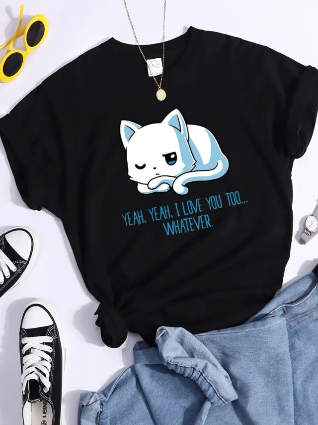 Pattern T shirt Fashionable Printed Fashion Loose T shirt Cat Kf8420 Black - Shop at LoveMi