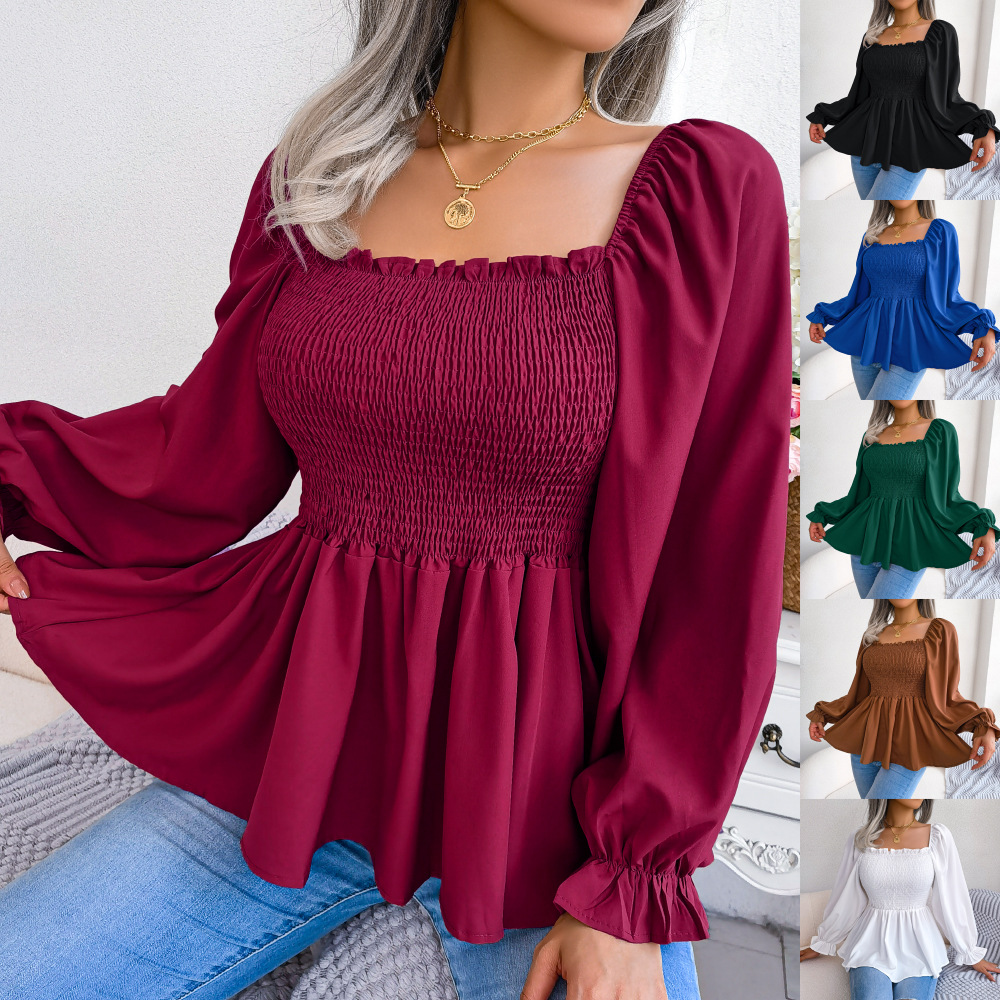 Women's Solid Color Casual Ruffle-trimmed Square-neck Long-sleeve Top