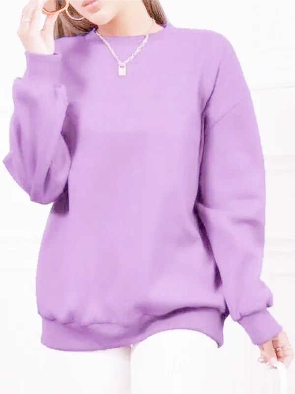 Fleece lined Thick Round Neck Loose fitting Solid Color Long Sleeves Sweater Purple - Shop at LoveMi