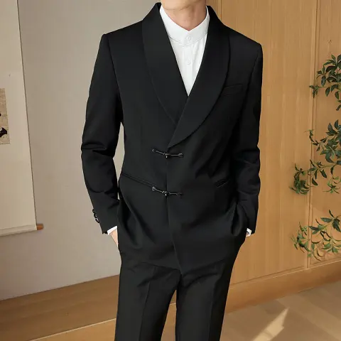 Men's Retro Solid Color Green Collar Suit Two-piece Set