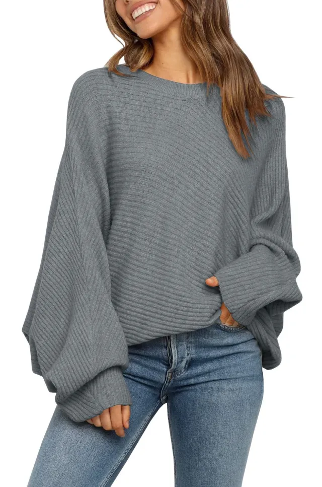Round Neck Solid Color Loose Sweater Top Leisure Pullover Gray - Shop at LoveMi