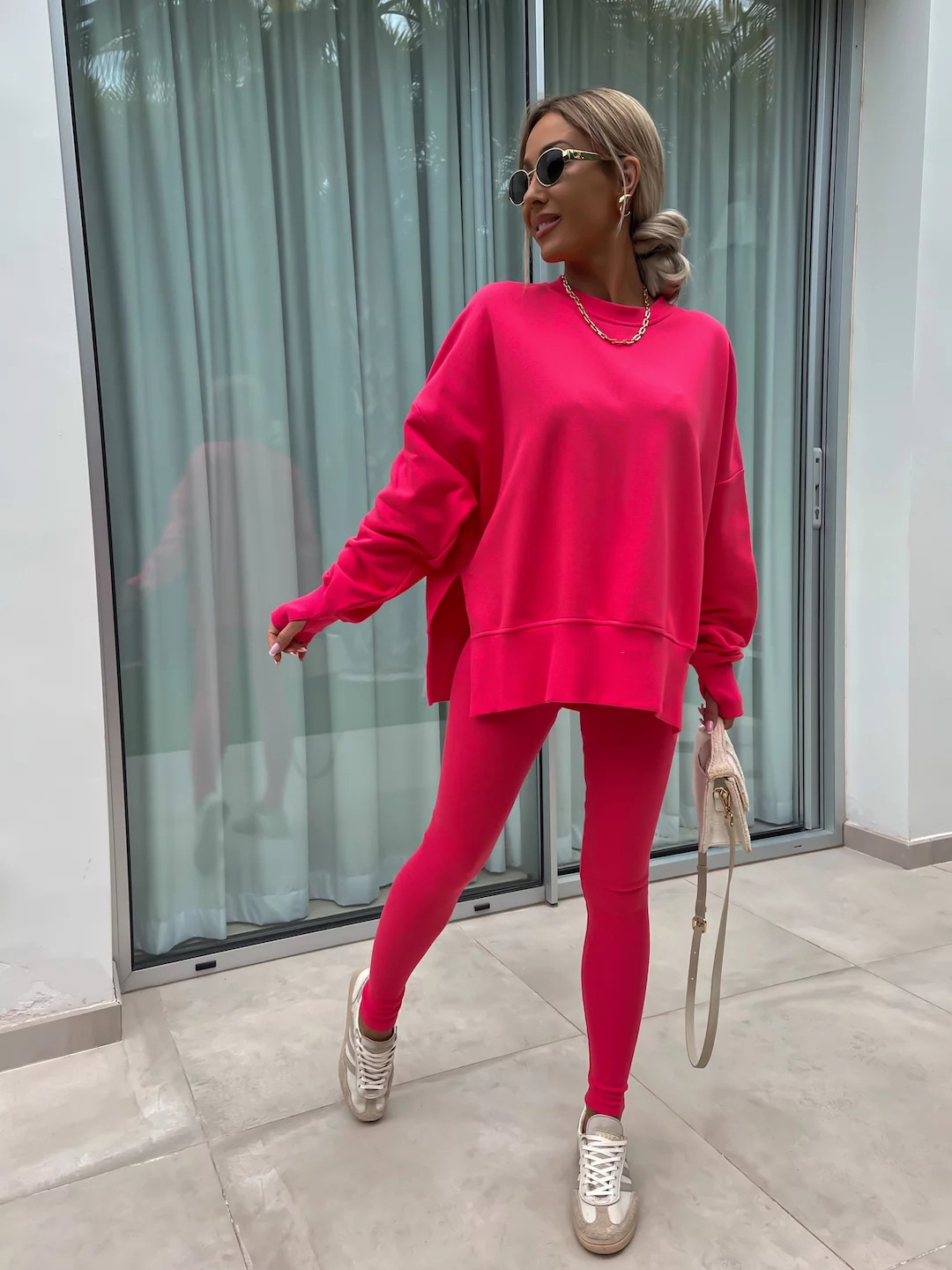 Casual Loose Sweater Suit with Tight Trousers. Product information: Color: apricot, red, khaki, pink, blue, purple, orange, green, black Sleeve type: regular sleeve Pants length: trousers Main fabric composition: Polyester (polyester fiber) Size: S,M,L,XL