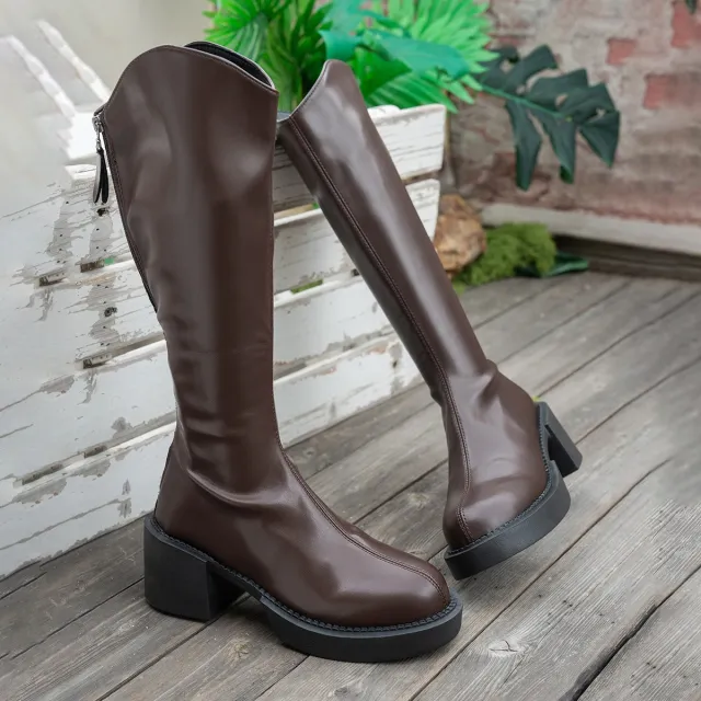 Chunky Heeled Figure Flattering European And American Style Knee High Boots Brown - Shop at LoveMi