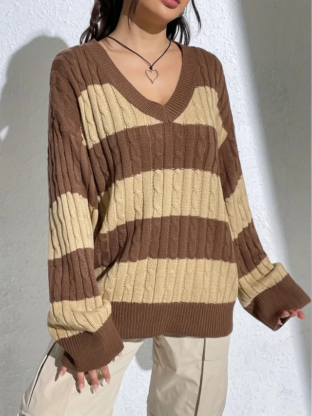 Contrast Color V neck Loose fitting Long Sleeve Sweater Women Coffee - Shop at LoveMi