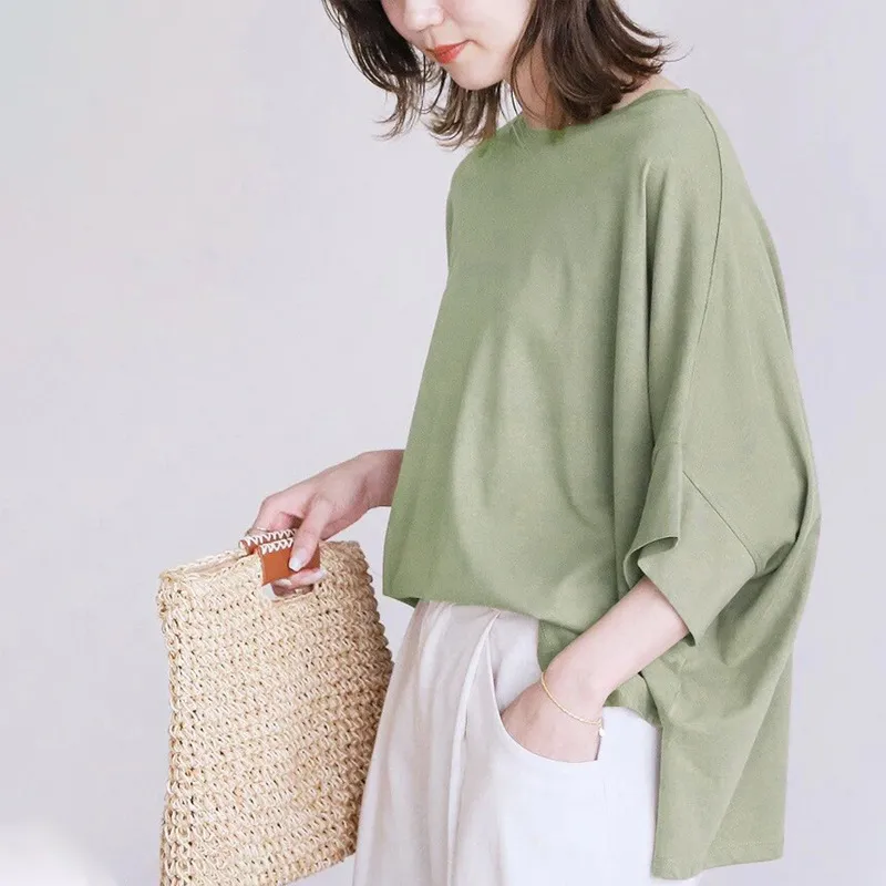 Japanese 6-color Cotton Batwing Sleeve Oversized Loose T-shirt For Women - Green