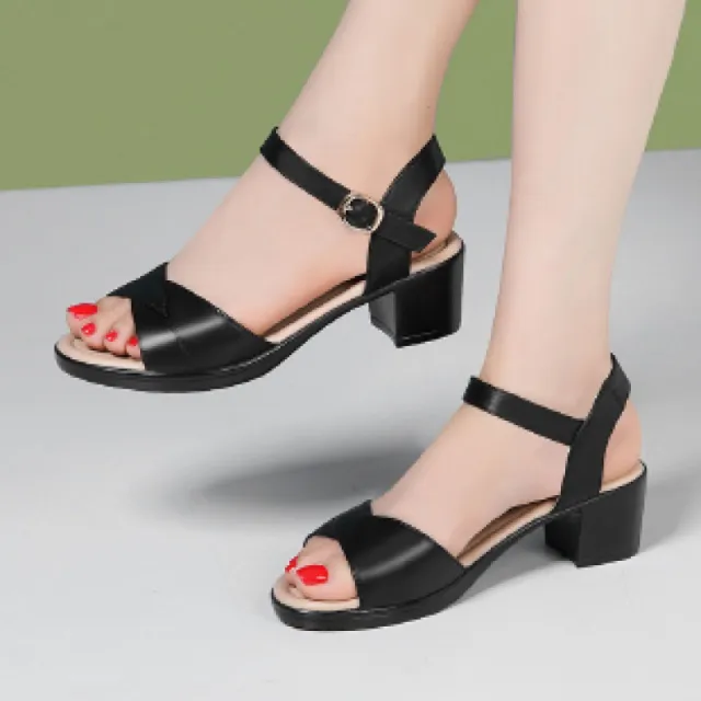 Mid Heel 3 5cm Chunky Heel Open Toe Rubber Sandals Ankle strap Buckle PU Black - Shop at LoveMi