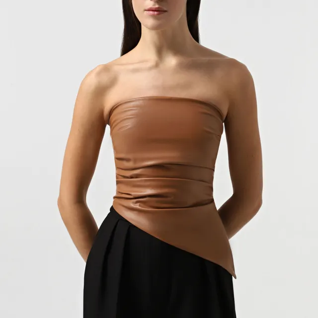 PU Leather Sexy Tube Top Pleated Waist Tight Vest Camel - Shop at LoveMi
