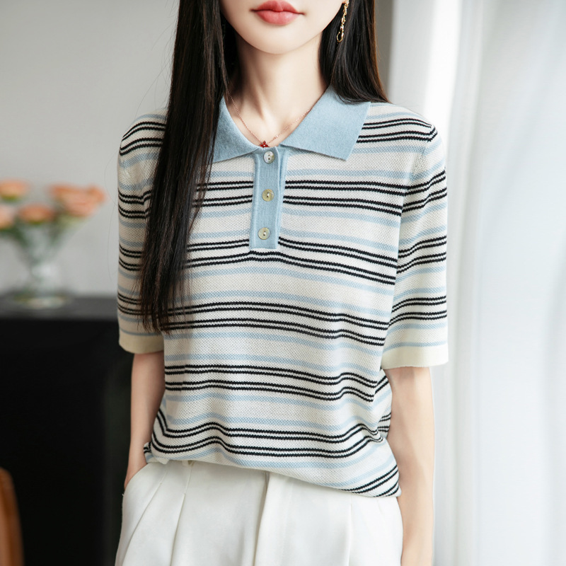 春夏新款精纺羊毛翻领针织衫短袖T恤女拼色条纹宽松
