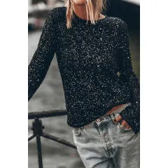European And American Party Sequined Long Sleeve Round Neck Shirt - Black - View 1