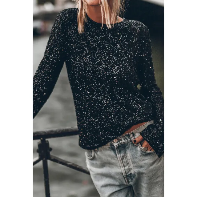 European And American Party Sequined Long Sleeve Round Neck Shirt Black - Shop at LoveMi
