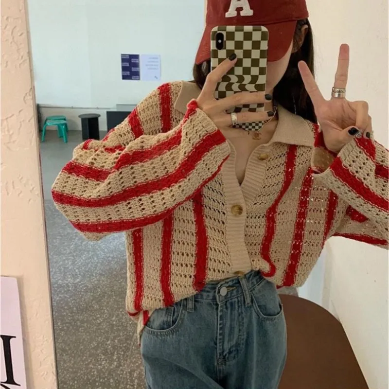 Contrast Colour Loose And Lazy Style Slimming Sweater Coat Cardigan - Red