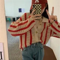 Contrast Colour Loose And Lazy Style Slimming Sweater Coat Cardigan - Red - View 1