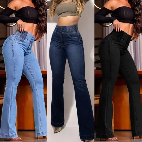 Elastic Waisted High-waist Stretch Slim-fit Boot-lift Denim Trousers