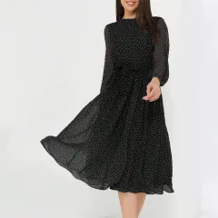 European And American Leisure Vacation Style Polka Dot Long Sleeve Maxi Dress - Black - View 1