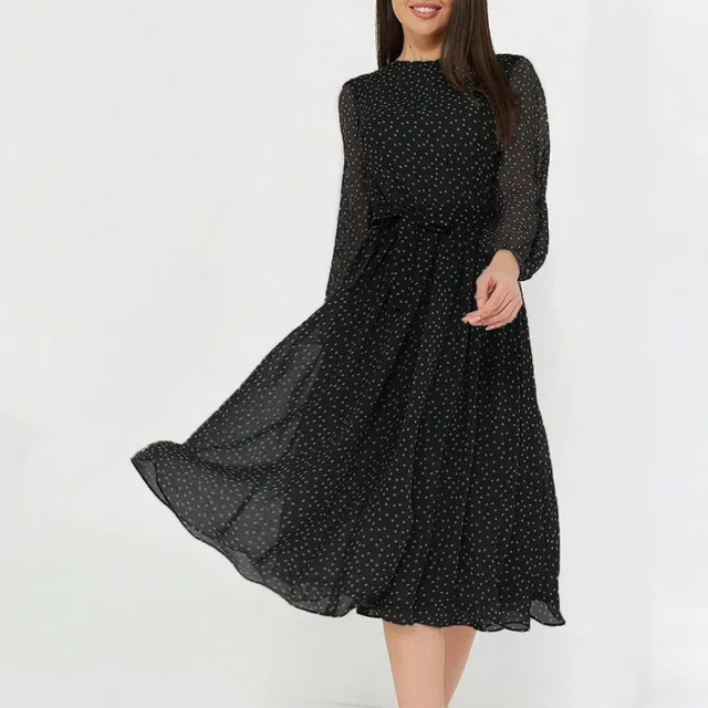 European And American Leisure Vacation Style Polka Dot Long Sleeve Maxi Dress Black - Shop at LoveMi