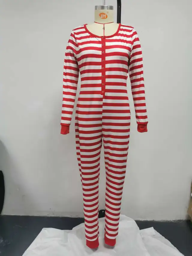 New Autumn And Winter Christmas Home Printing Long Sleeve Jumpsuit Red And White Stripes - Shop at LoveMi