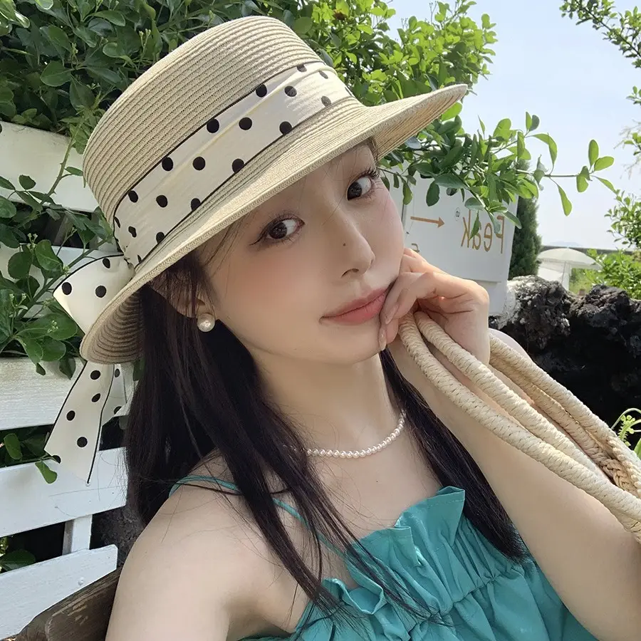 French Sweet Polka Dot Tie Ribbon Sun Hat