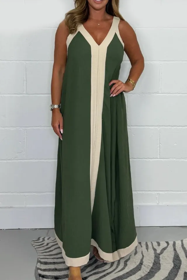 Casual Loose Contrast Color V neck Sleeveless Long Dress Green - Shop at LoveMi