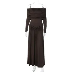 Off-neck Cinched Pleated Long Sleeve Dress - Brown - View 1