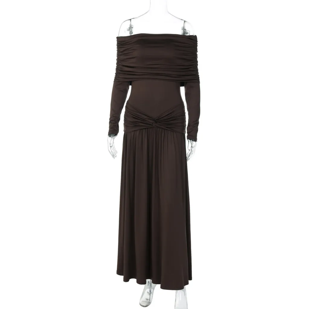 Off-neck Cinched Pleated Long Sleeve Dress - Brown