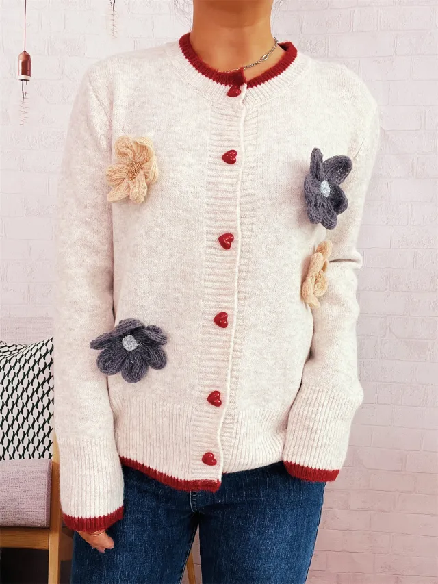 Casual Three dimensional Flower Decoration Contrast Color Round Neck Knitted Sweater White - Shop at LoveMi