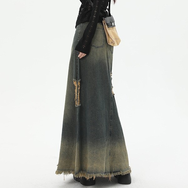 High Waist Loose And Slimming Long Skirt Ripped Denim Skirt