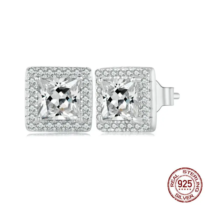 S925 Sterling Silver White Gold Plated Light Luxury Square Zircon Stud Earrings