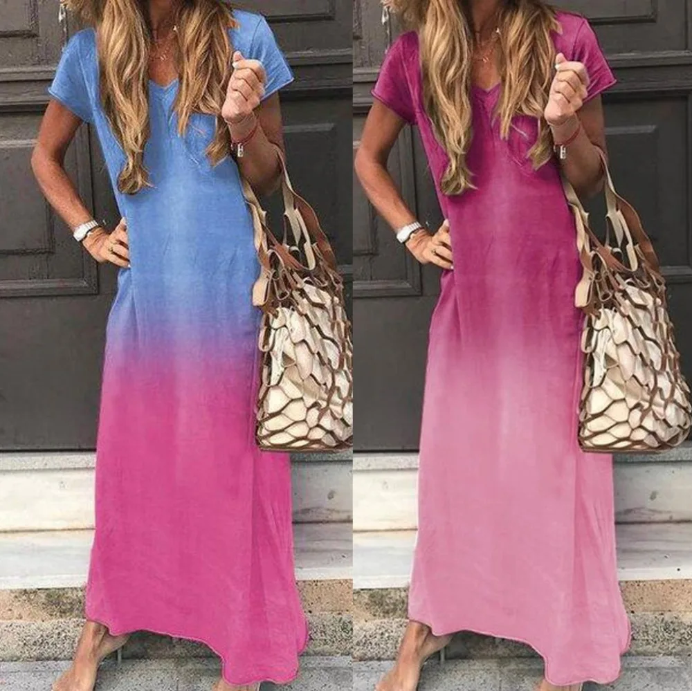 Women V-Neck Short Sleeve Tie-dye Gradient Print Maxi Color Block Bohemia Dress Summer Dresses Casual Beach Dress Long L11# (1)