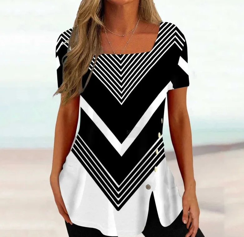 Cross-border New Print Short Sleeve Irregular Button Split Printed Women's T-shirt - White