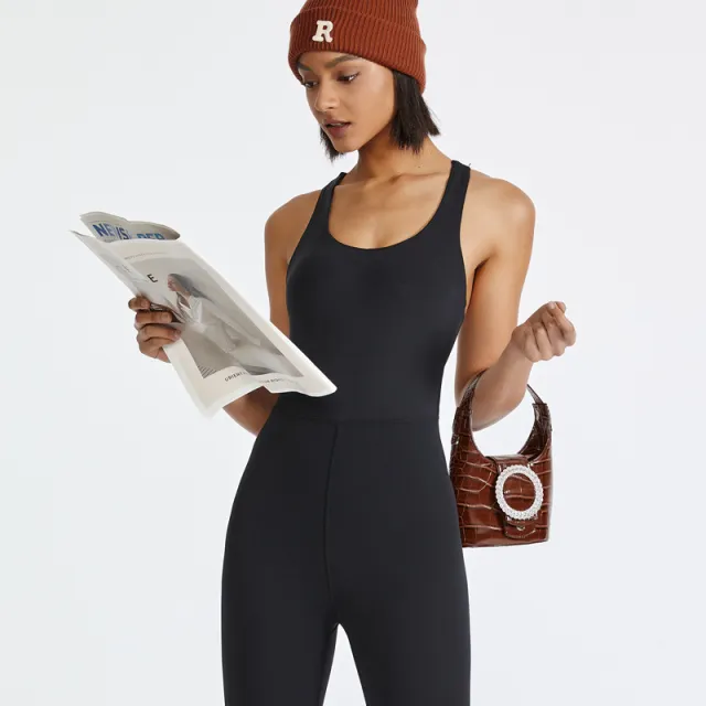 Womens Crew neck Camisole Bodysuit With Tight fitting Pants High stretch Figure hugging Yoga Wear Black - Shop at LoveMi
