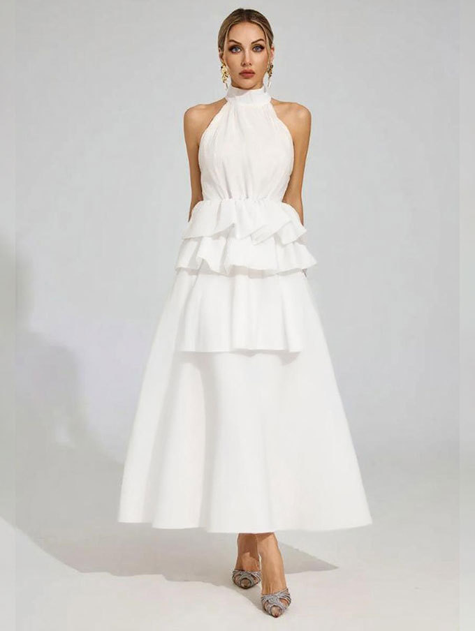 Flowy Ruffled Wedding Dress With A Halter Neckline