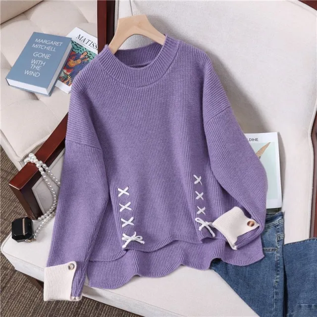 Women's French Style Bow Drawstring Knitted Sweater Purple - Shop at LoveMi