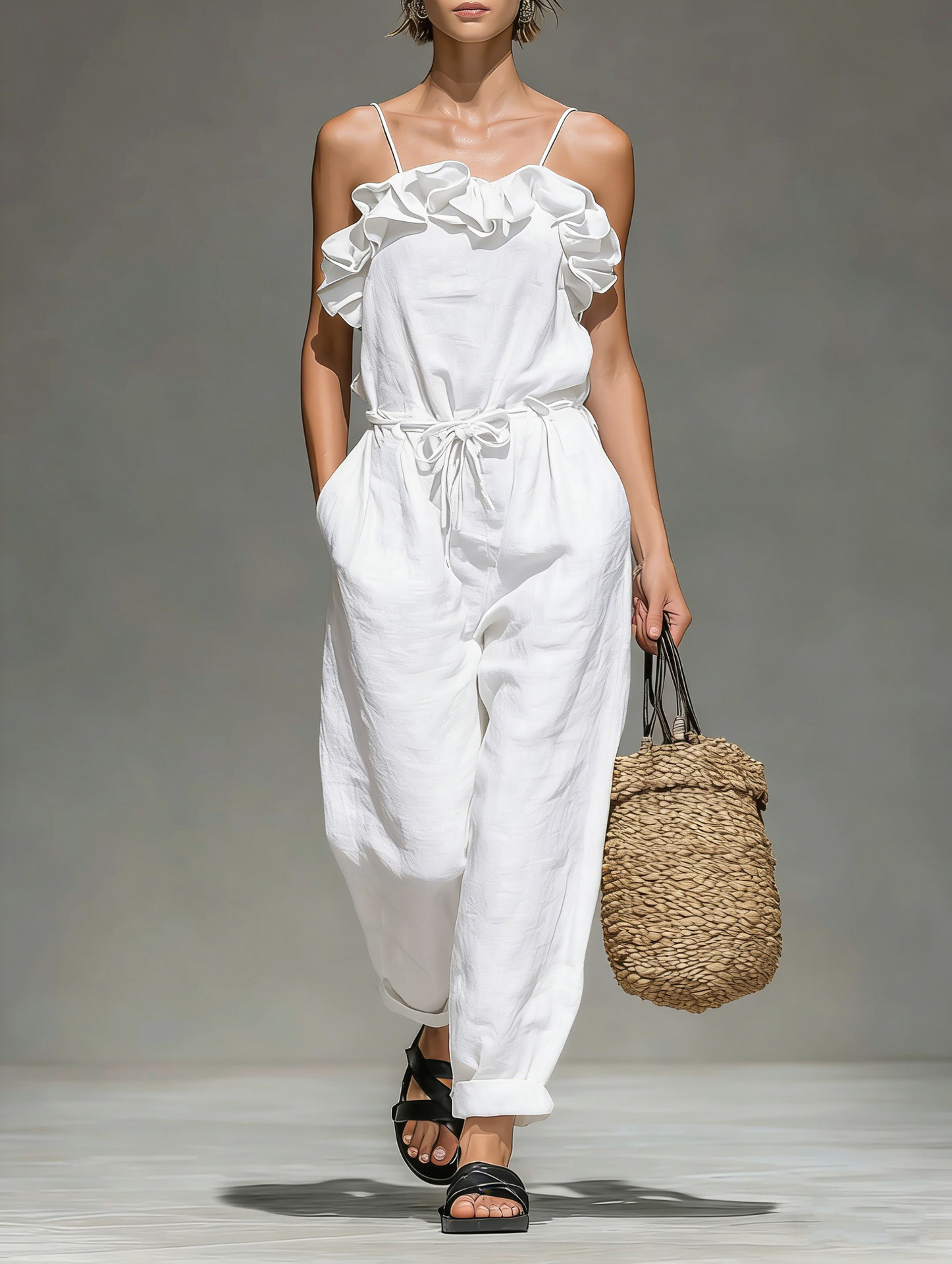 Women's Off-Shoulder Wide-Leg Jumpsuit in Green – Editorial Fashion Shot