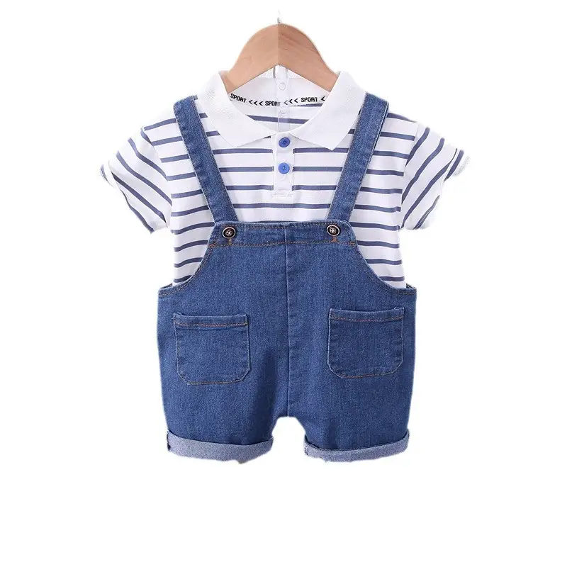Boys Striped Lapel Denim Dungaree Set 2-Piece