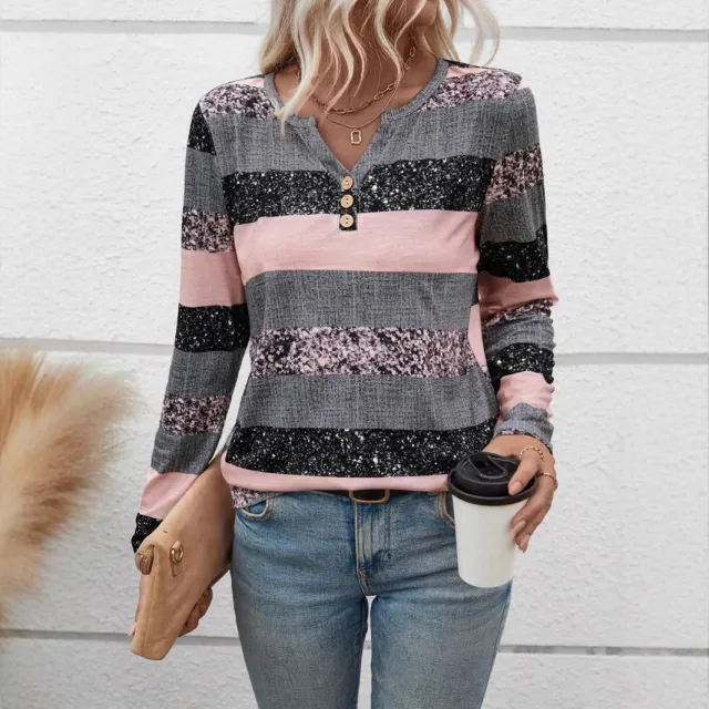 Striped V neck 3D Printing Fashion Casual Sweater Pink - Shop at LoveMi