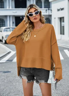 Round Neck Women's Knitwear Bell Sleeve Solid Colour Sweater - Yellow Brown - View 1