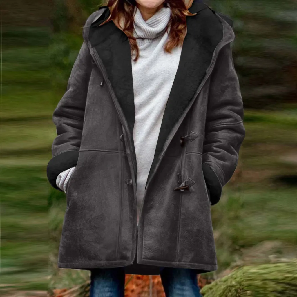 Suede Coat With Horn Buttons Fleece-lined For Warmth And Featuring Pockets - Gray