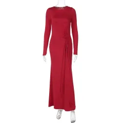 Solid Colour Round-neck Long-sleeved Waist-defining Dress For Women - Red - View 1