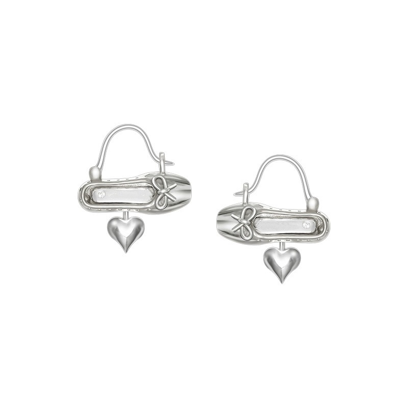 Niche Unique Silver Ballet Shoes Peach Heart Earrings