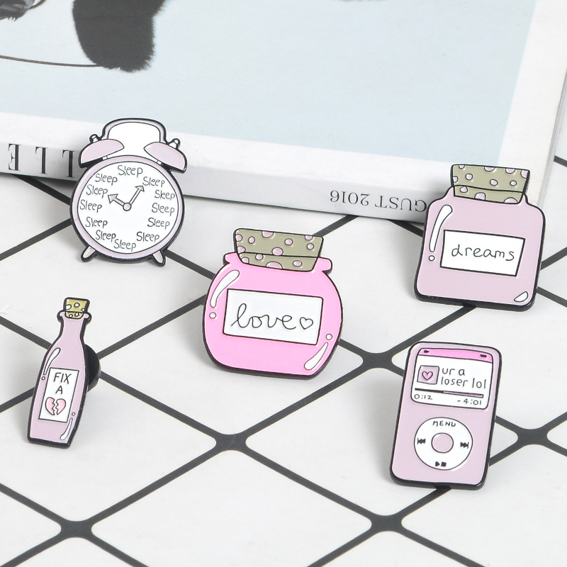 Title 7, Cute Cartoon Pink Alarm Clock Bottle Alloy Brooch