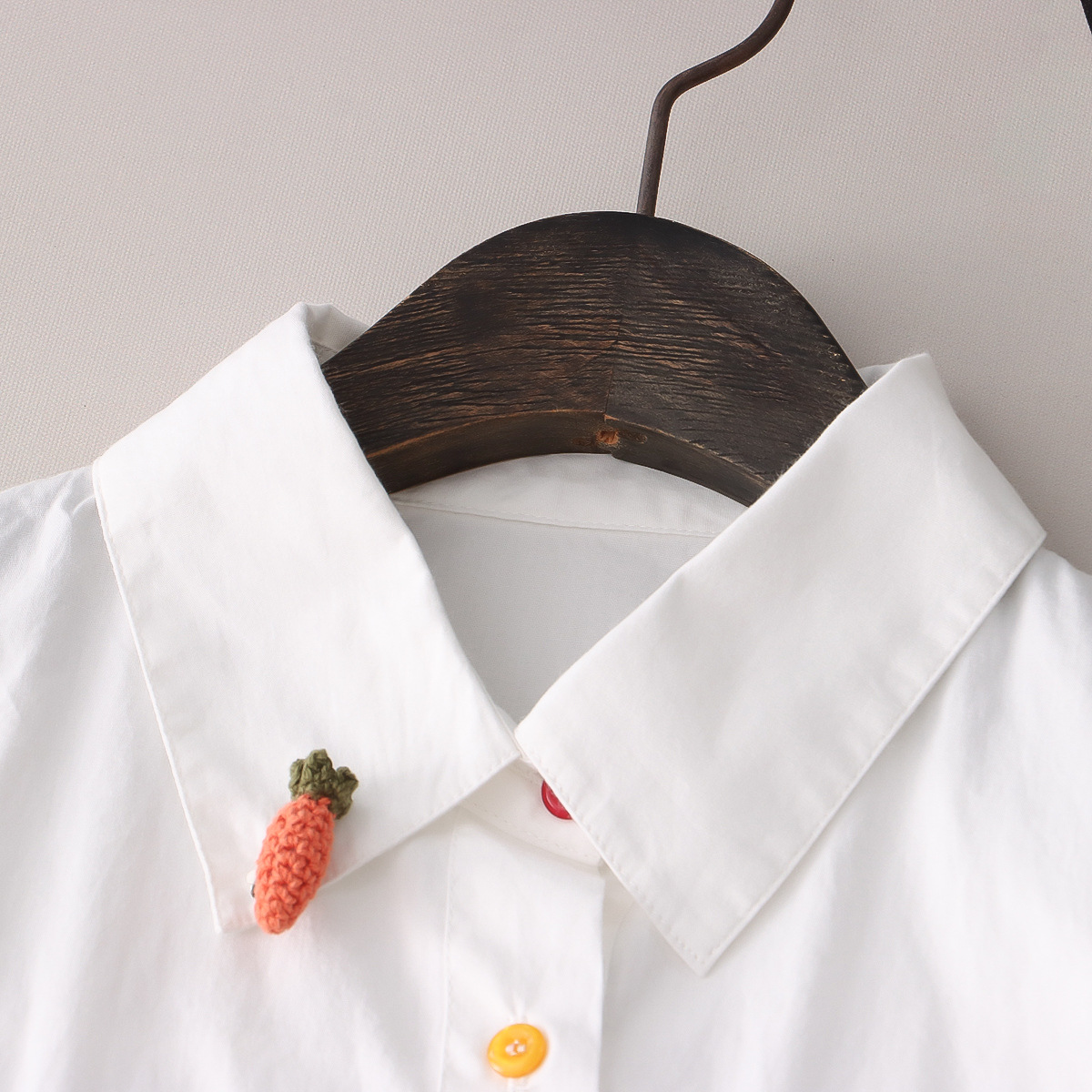 Placket Rabbit Embroidered Color Buckle Design Long Sleeve Shirt