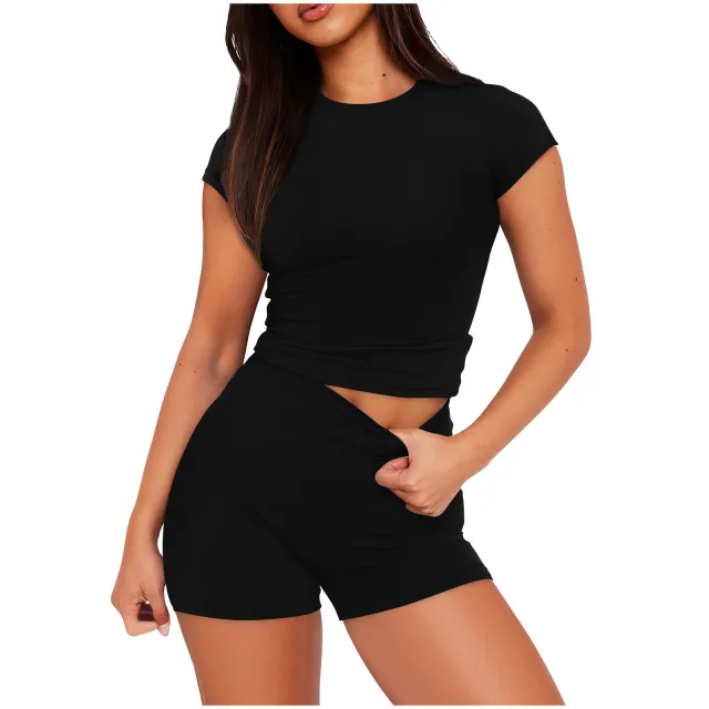 Solid Color Slim Shirt Top High Waist Shorts Suit Black - Shop at LoveMi