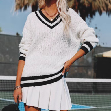 New Womens Fall V-neck Loose-fit Casual Color-block Cable-knit Sweater