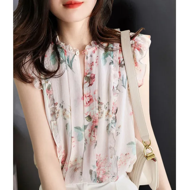 Sleeveless Ruffled Floral Women's Loose Sweet Chiffon Printed Top Pink Flower - Shop at LoveMi