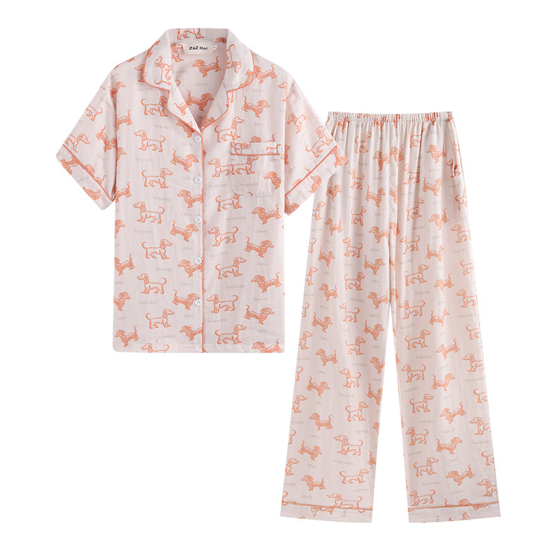 Cute Cartoon Orange Sausage Dog Cotton Double-layer Cotton Yarn Short Sleeve Pajamas