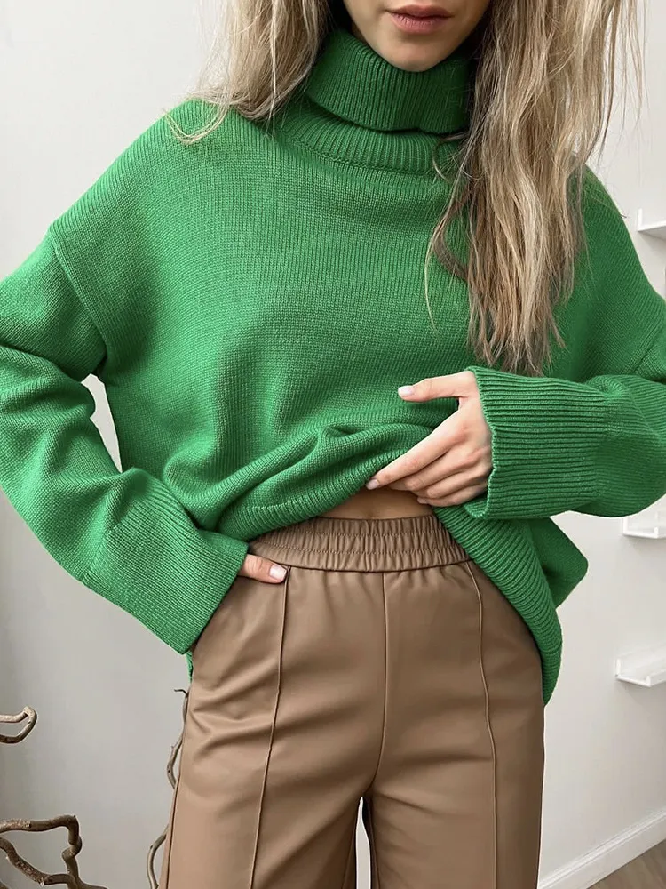 Women's Multi-color Turtleneck Solid Color Sweater Loose Pullover Stand Collar - Green