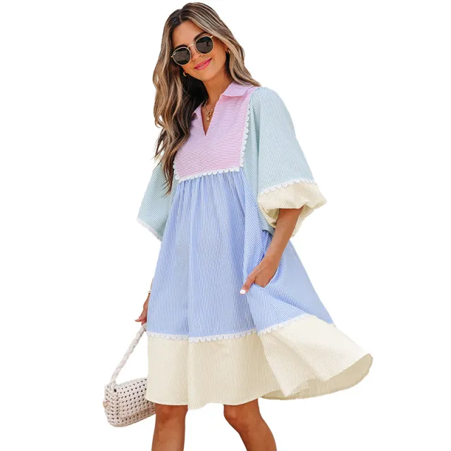 Women's Color Matching Knee length Skirt V neck Dress Lc6124789 Color - Shop at LoveMi